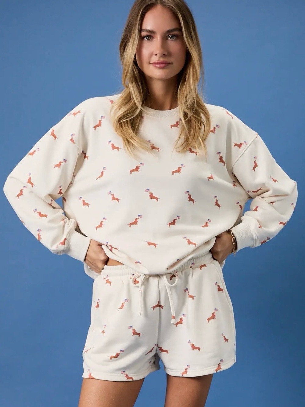 Sunday Edition Cream Printed Dachshund Sweatshirt USA SET- Women